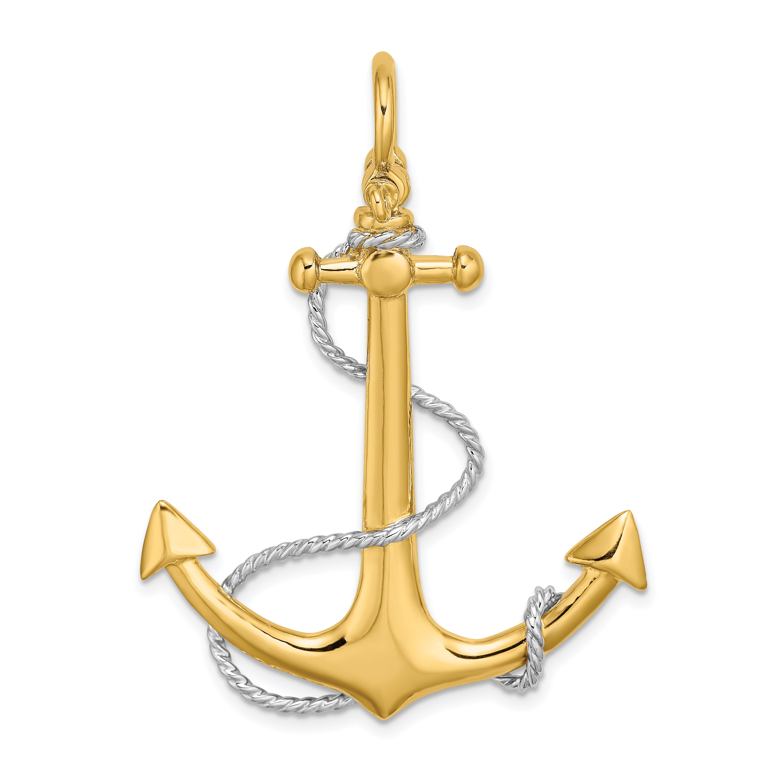 14K w/Rhodium 3-D Large Anchor w/Rope and Shackle Bail Charm Main image