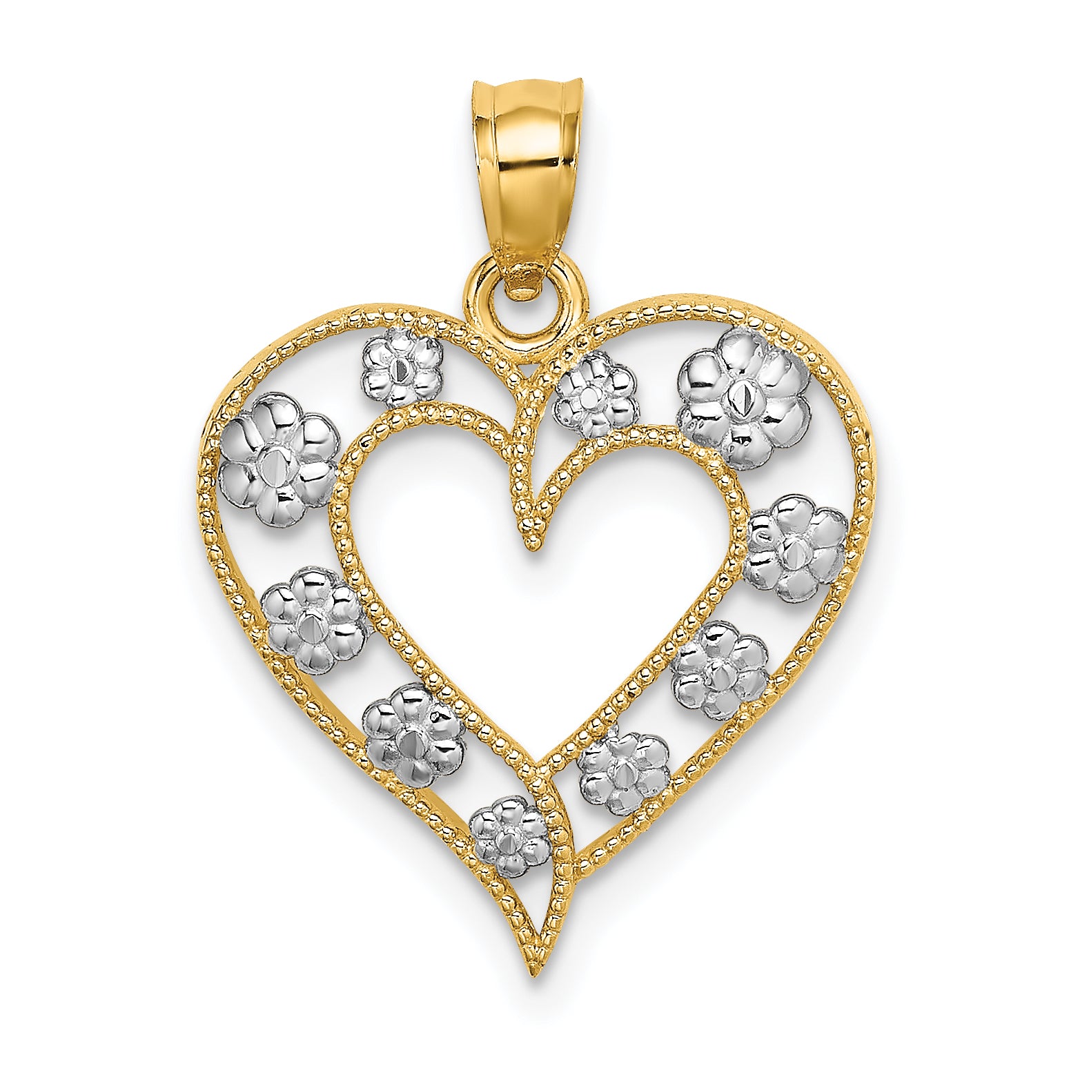14k Two-Tone Textured Cut-Out Heart w/ Flowers Charm