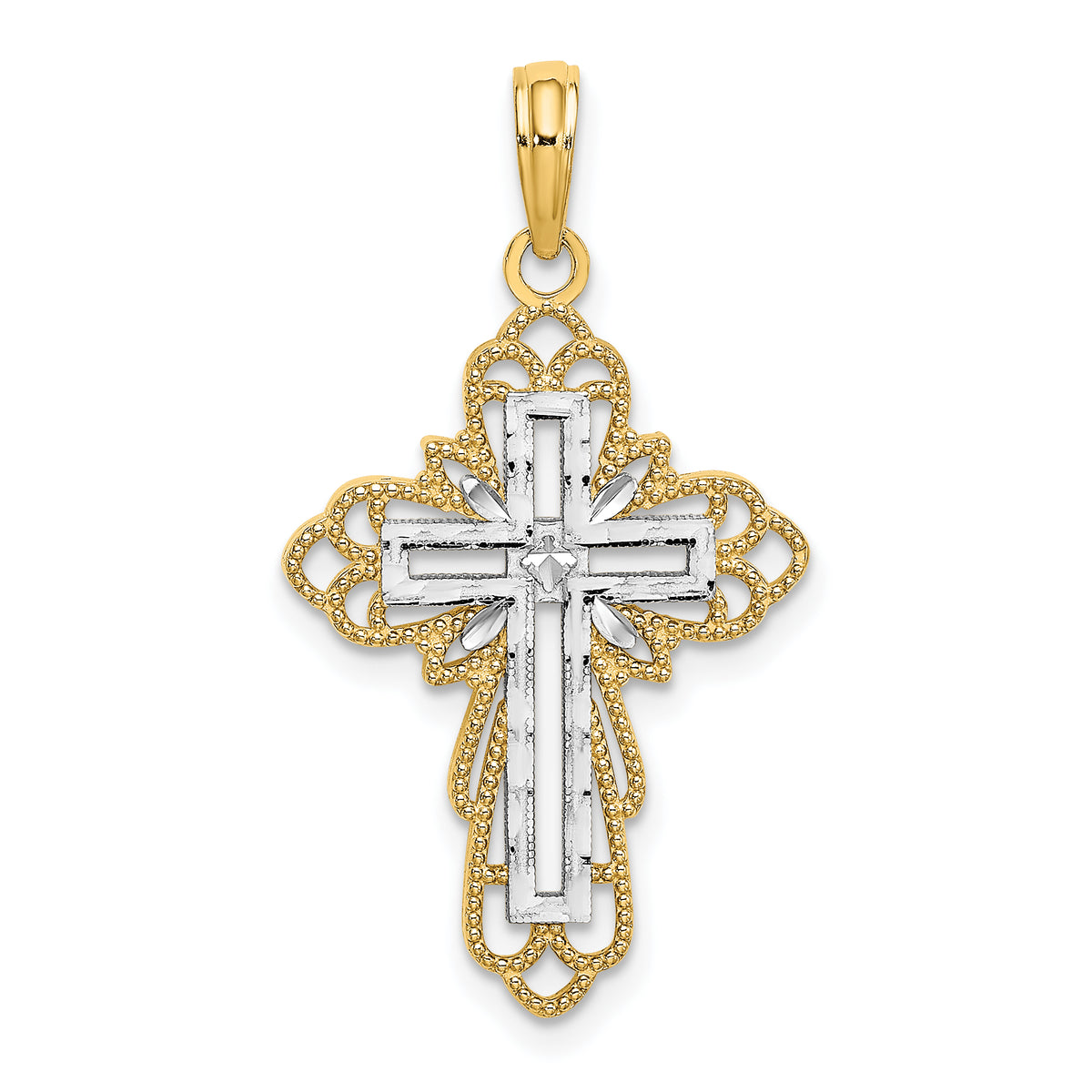 14K W/ Rhodium Lace Trim Cross Charm