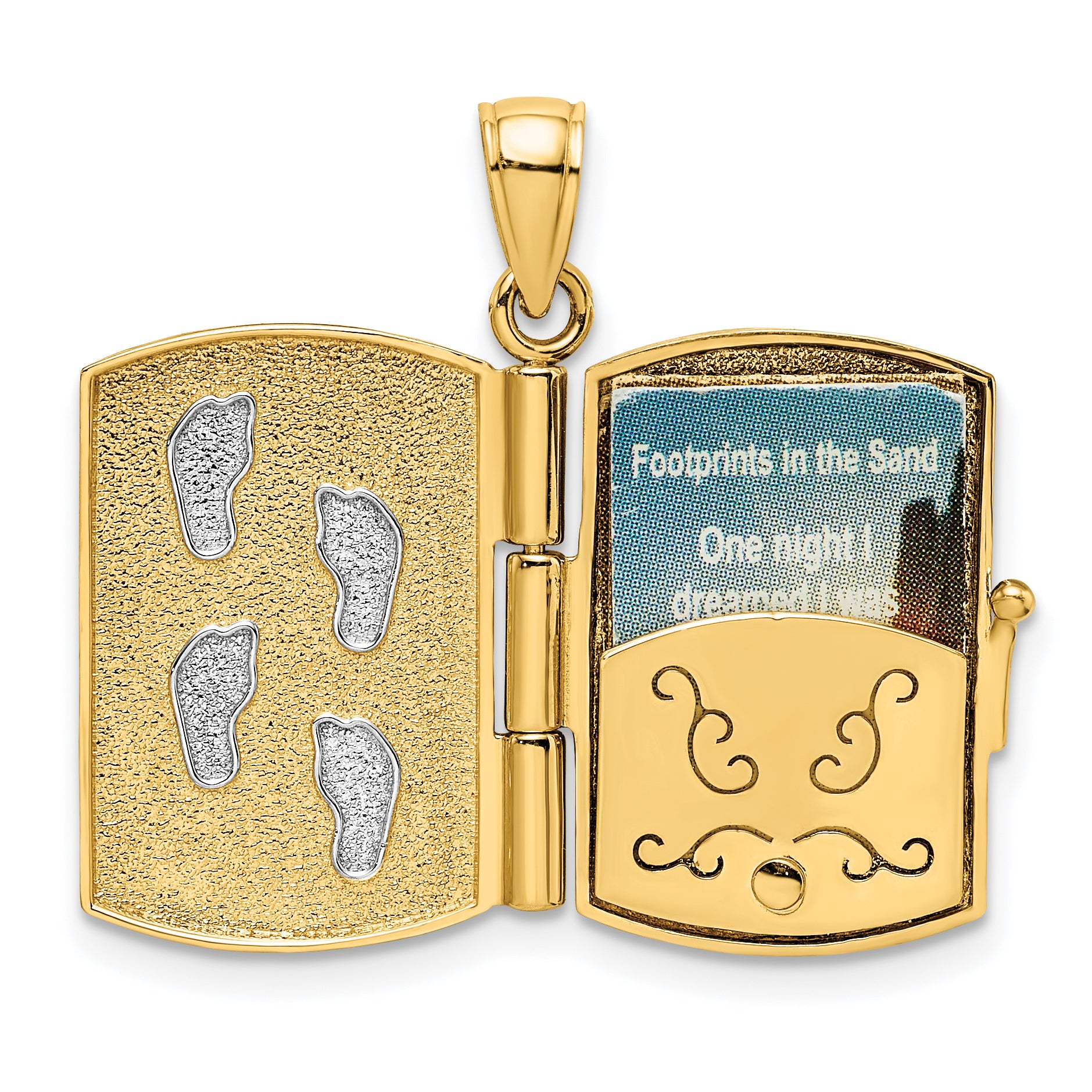 14K w/Rhodium 3-D Footprints Book W/ Prayer Inside Charm