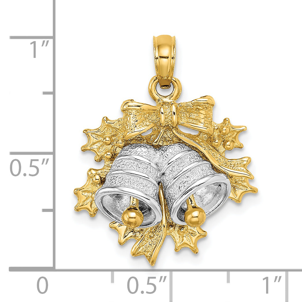 14k Two-Tone 3-D Christmas Bell and Holly Charm