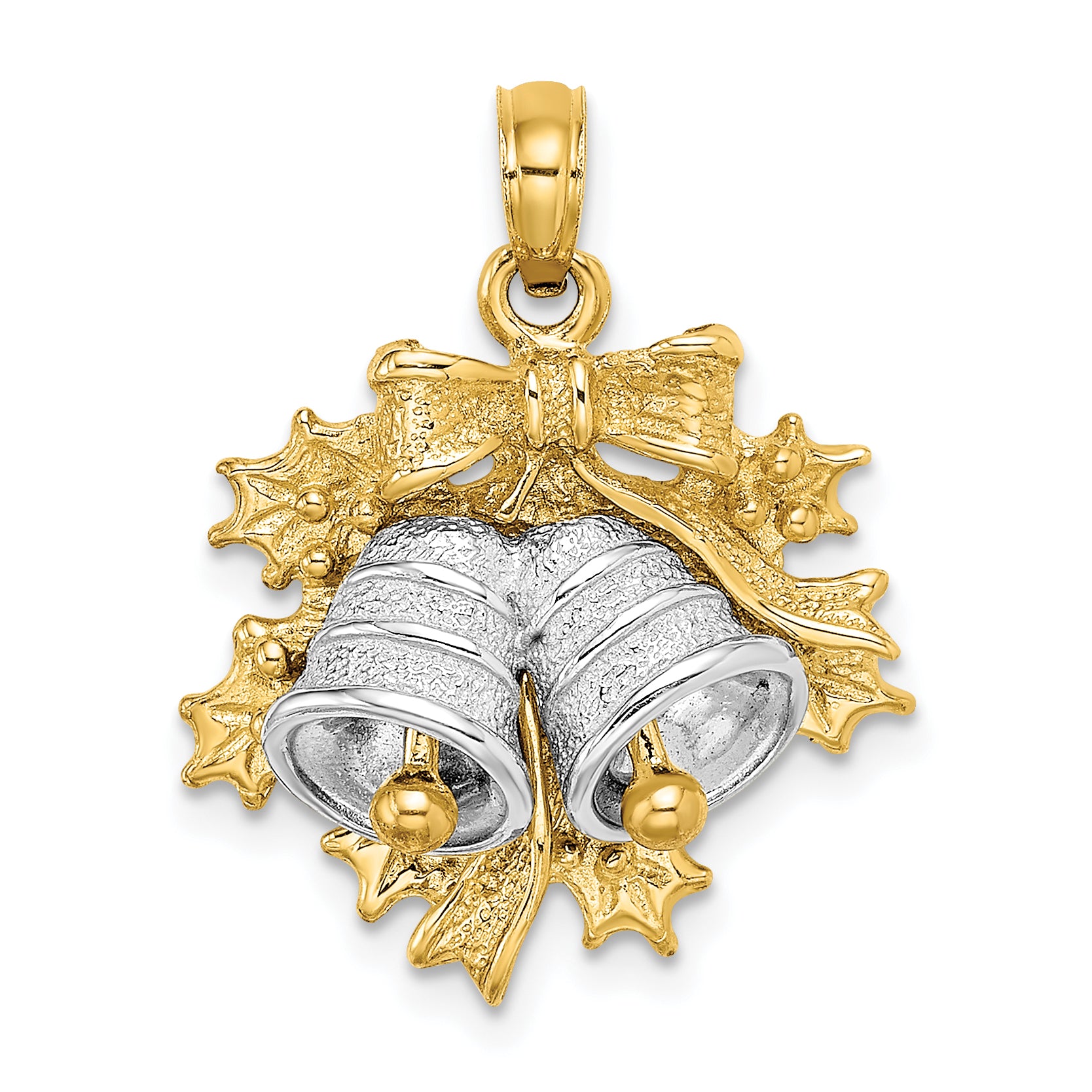 14k Two-Tone 3-D Christmas Bell and Holly Charm