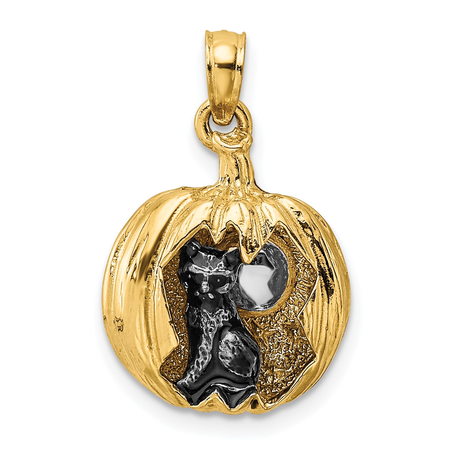 14k w/Rhodium 3-D Jack-o-Lantern w/Enameled Black Cat and Moon Charm Main image