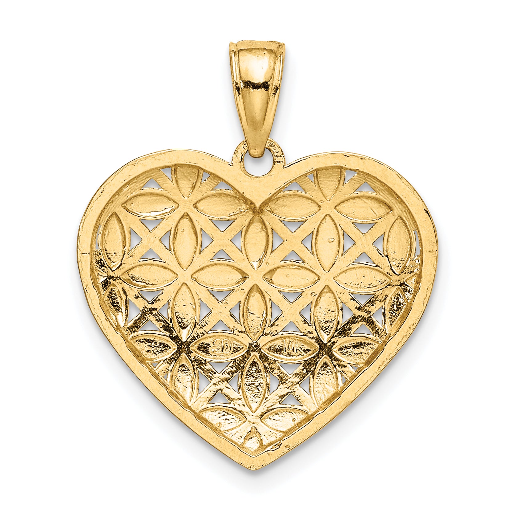 14k w/Rhodium Diamond-cut Leaves In Heart Charm