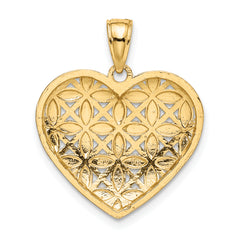 14k w/Rhodium Diamond-cut Leaves In Heart Charm