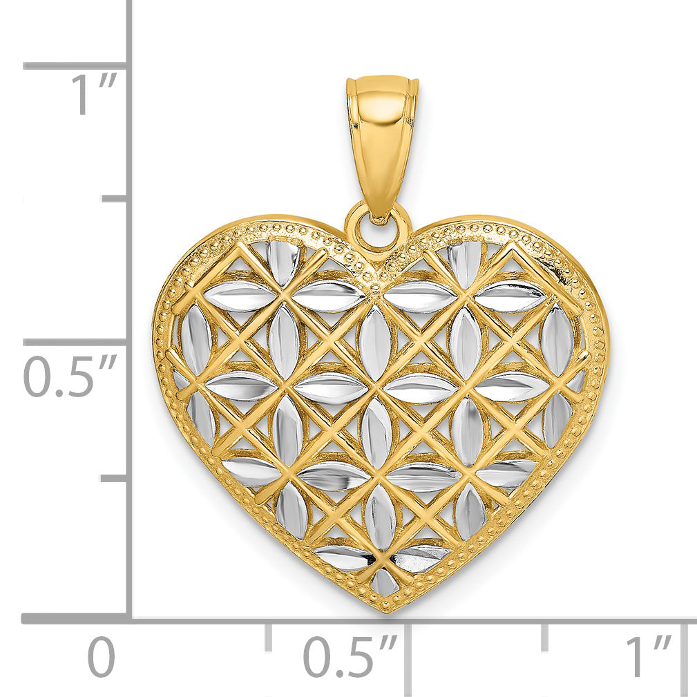 14k w/Rhodium Diamond-cut Leaves In Heart Charm
