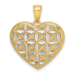14k w/Rhodium Diamond-cut Leaves In Heart Charm