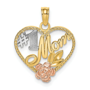 #1 Mom Heart Charm in 14K Two-Tone Gold, 20mm Textured - Sophia Jewelers