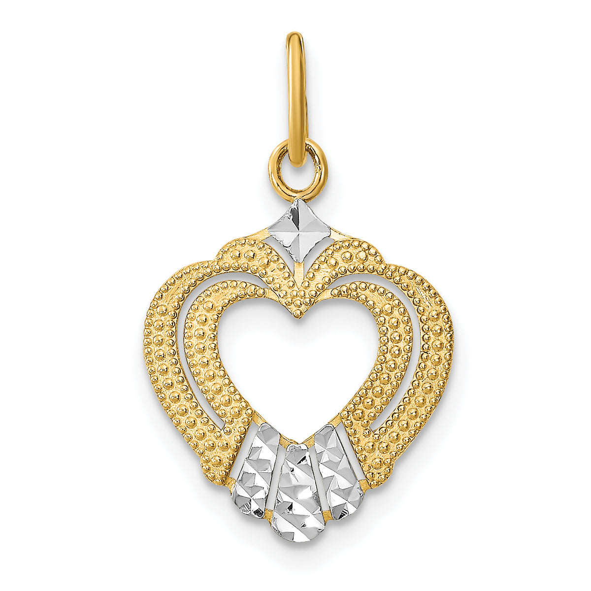 14k w/Rhodium Diamond-cut Textured Heart Charm