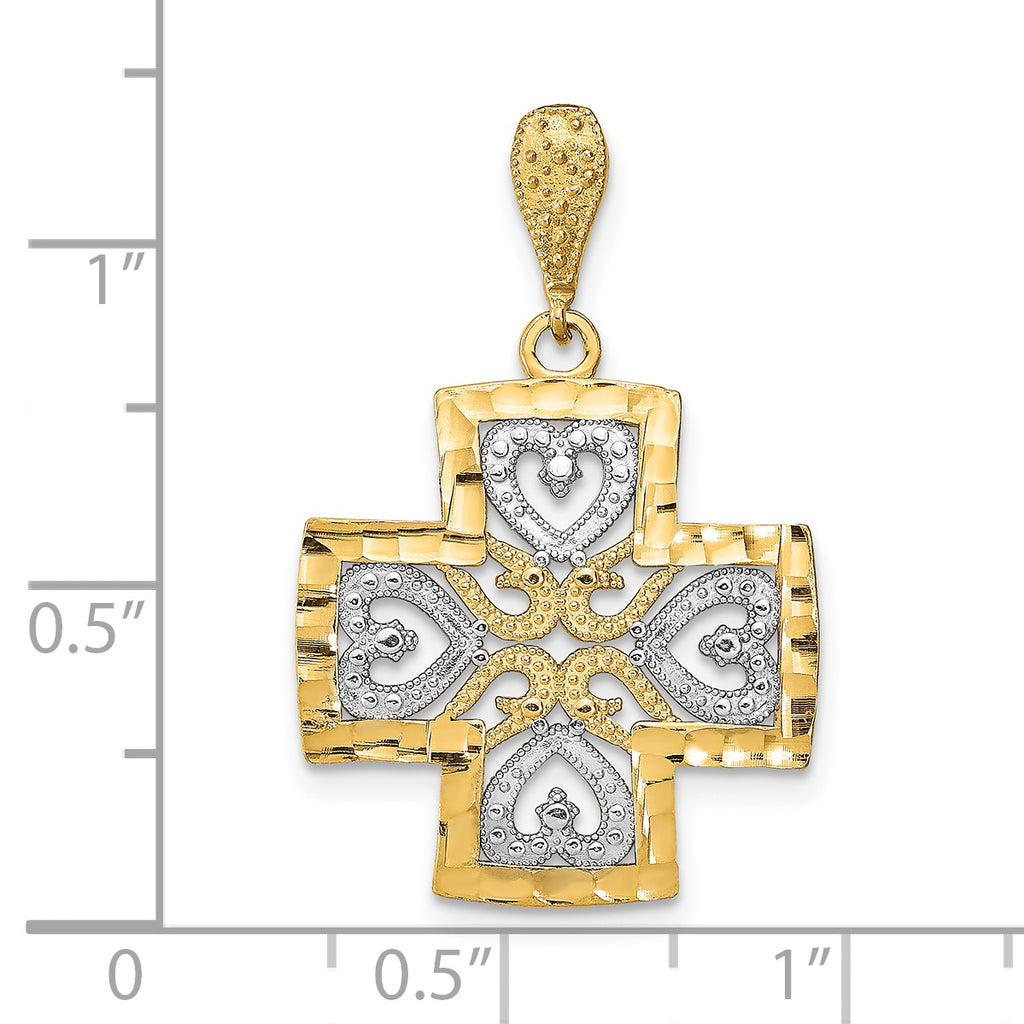 Maltese Cross Heart Charm in 14K Two-Tone Gold, 31mm Diamond-Cut - Sophia Jewelers