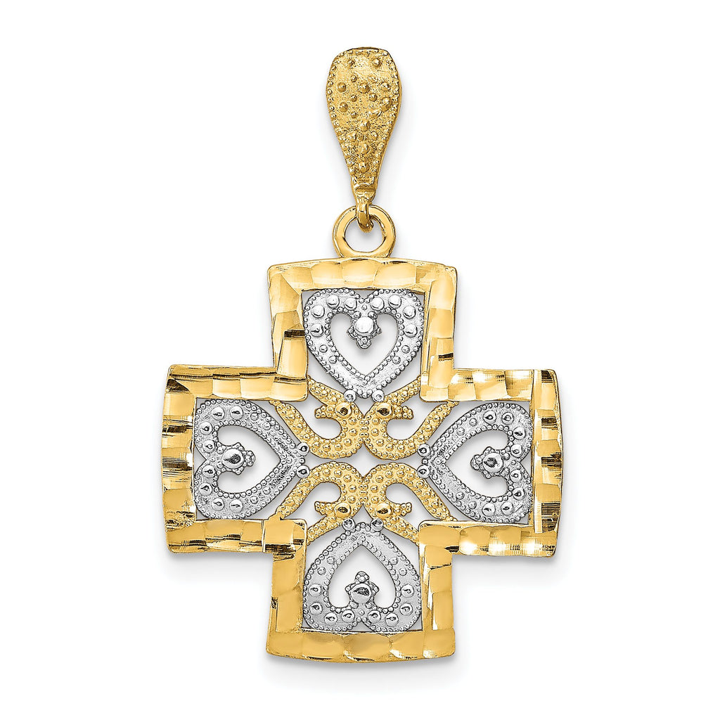 Maltese Cross Heart Charm in 14K Two-Tone Gold, 31mm Diamond-Cut - Sophia Jewelers