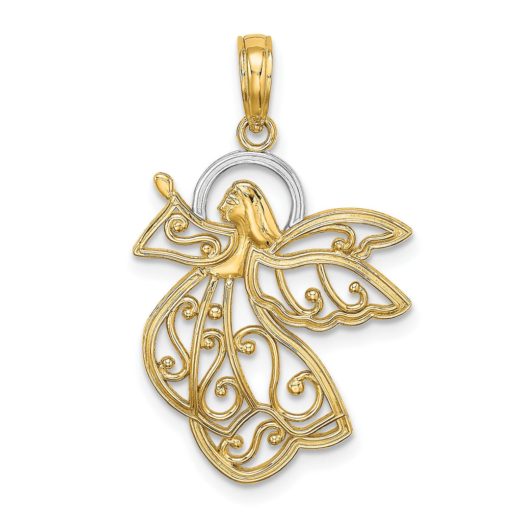 Filigree Flying Angel Charm in 14K Two-Tone Gold, 26mm - Sophia Jewelers