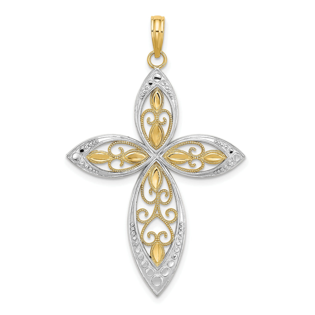 Beaded Filigree Cross Charm in 14K Yellow Gold, 37mm - Sophia Jewelers