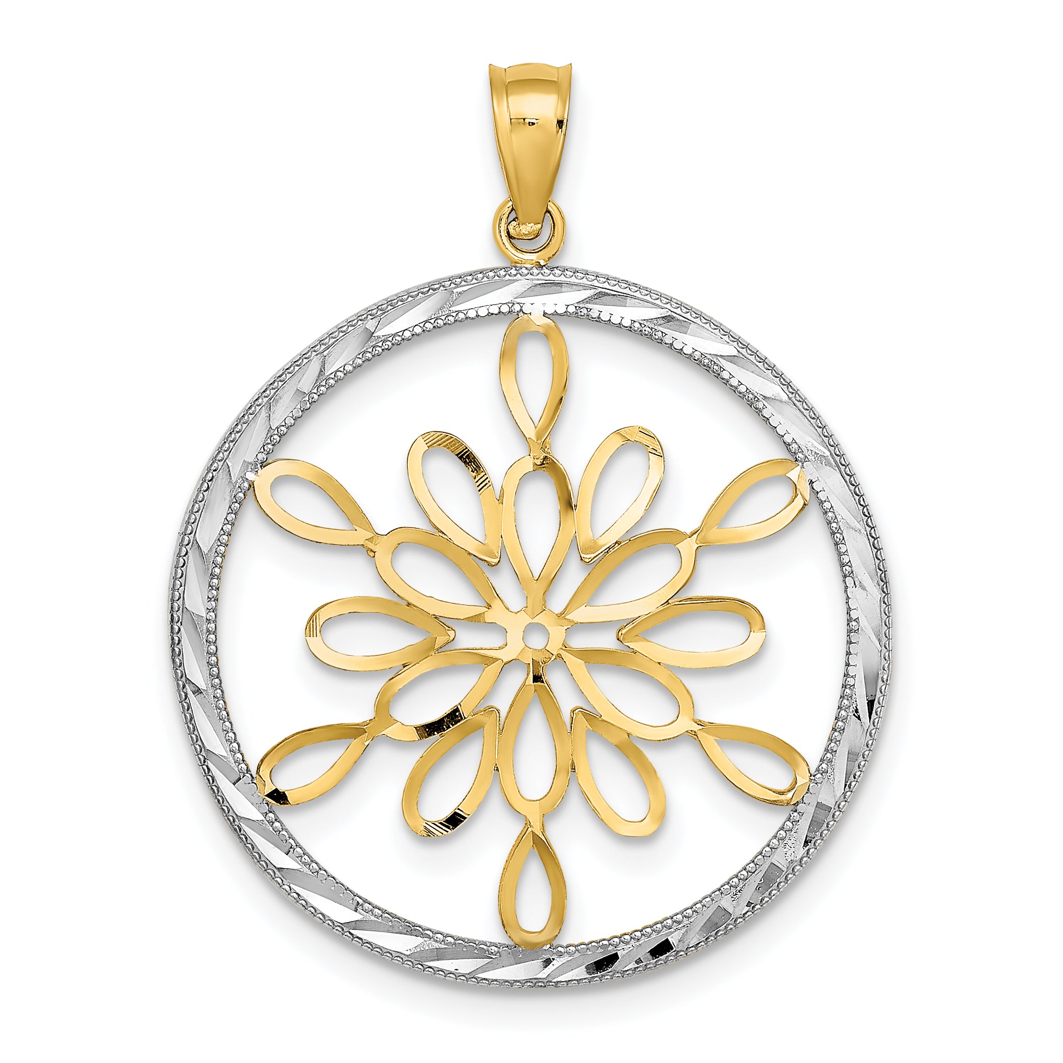 14K and White Rhodium Diamond-cut Circle Snowflake Charm Main image