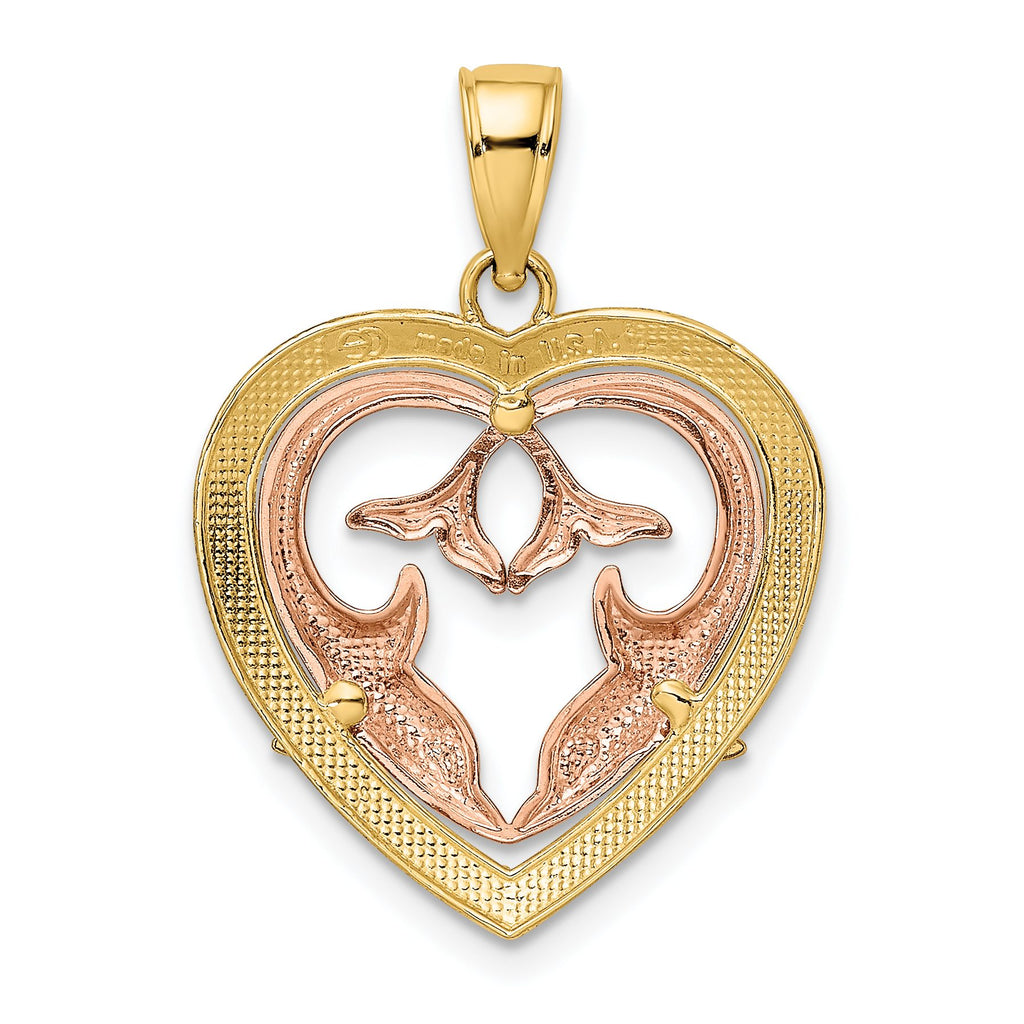 Dolphins in Heart Frame Charm in 14K Two-Tone Gold, 20mm - Sophia Jewelers
