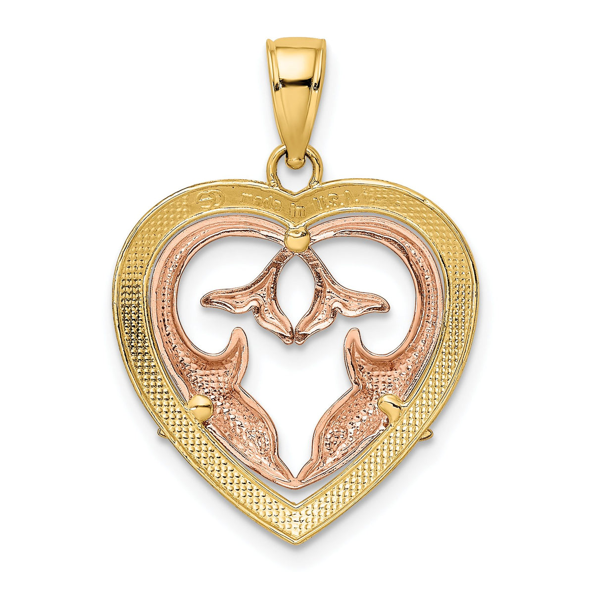 Dolphins in Heart Frame Charm in 14K Two-Tone Gold, 20mm - Sophia Jewelers