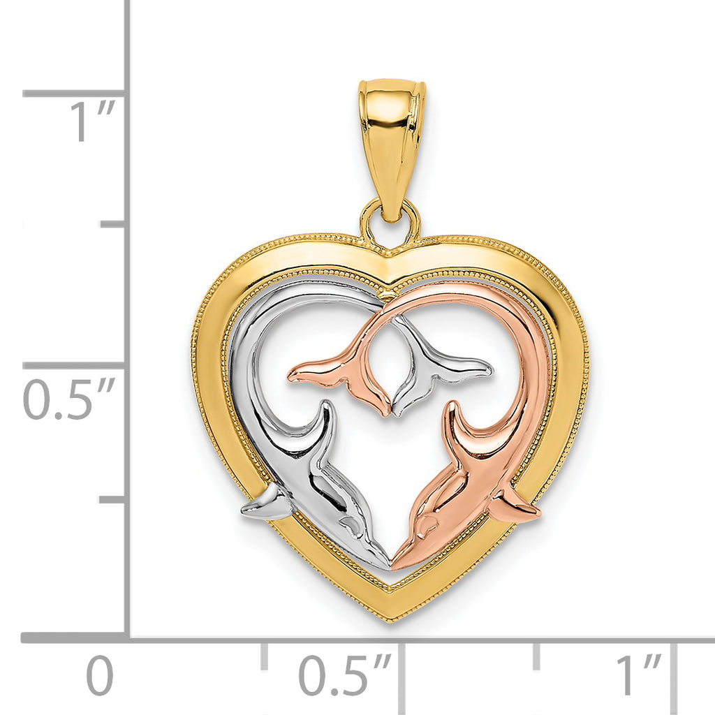 Dolphins in Heart Frame Charm in 14K Two-Tone Gold, 20mm - Sophia Jewelers