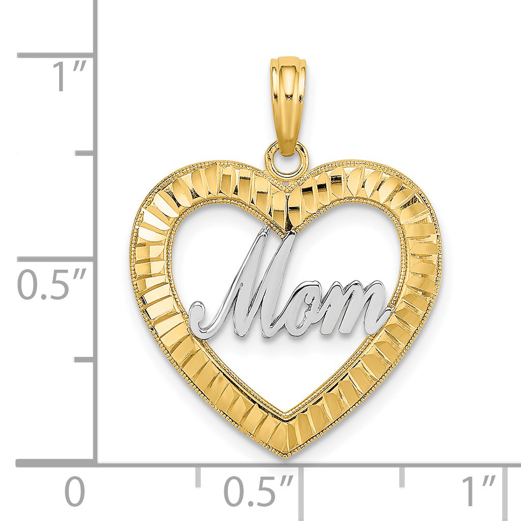 14k w/ Rhodium Diamond-cut Heart MOM Charm