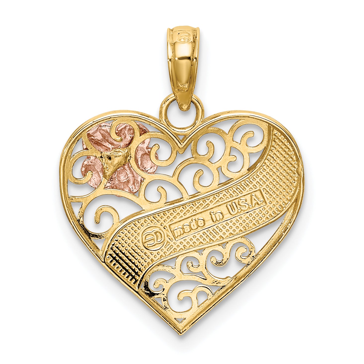 14k Two-tone with White Rhodium LOVE Banner on Filigree Heart Charm