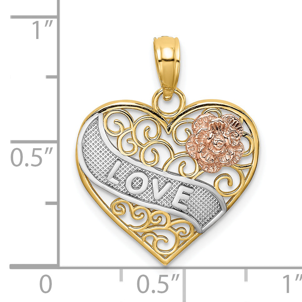 14k Two-tone with White Rhodium LOVE Banner on Filigree Heart Charm