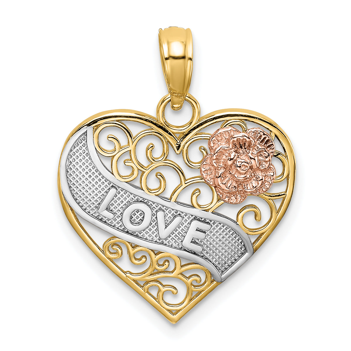 14k Two-tone with White Rhodium LOVE Banner on Filigree Heart Charm