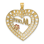 14k Two-tone with White Rhodium Diamond-cut MOM with Flower Heart Charm
