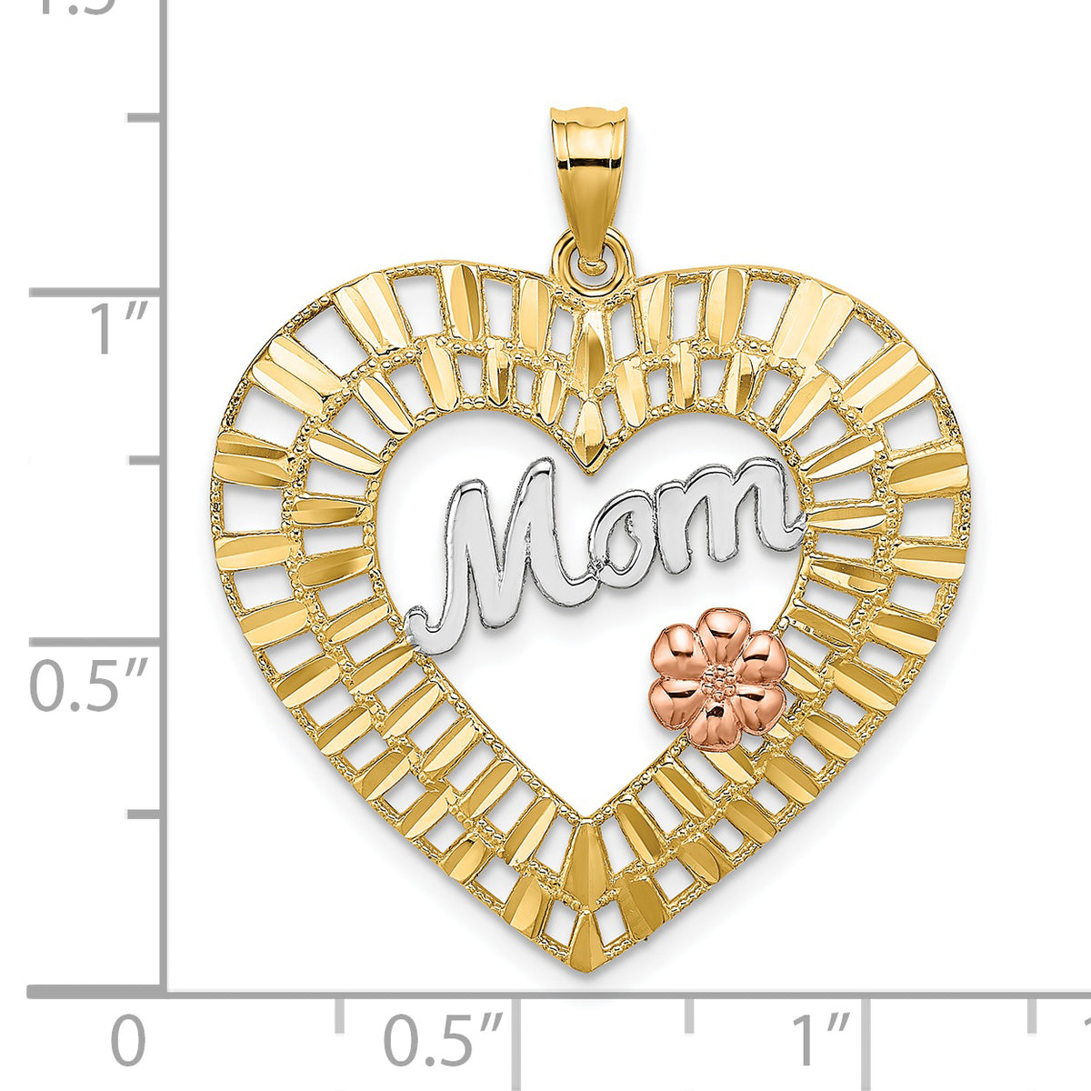 14k Two-tone with White Rhodium Diamond-cut MOM with Flower Heart Charm