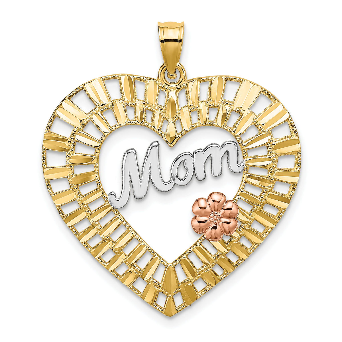 Mom with Flower Heart Charm in 14K Two-Tone Gold, 32mm Diamond-Cut - Sophia Jewelers Main image