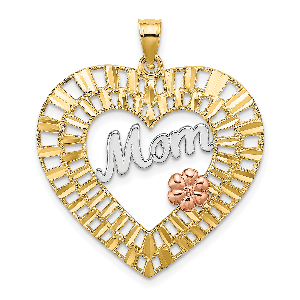 14k Two-tone with White Rhodium Diamond-cut MOM with Flower Heart Charm Main image