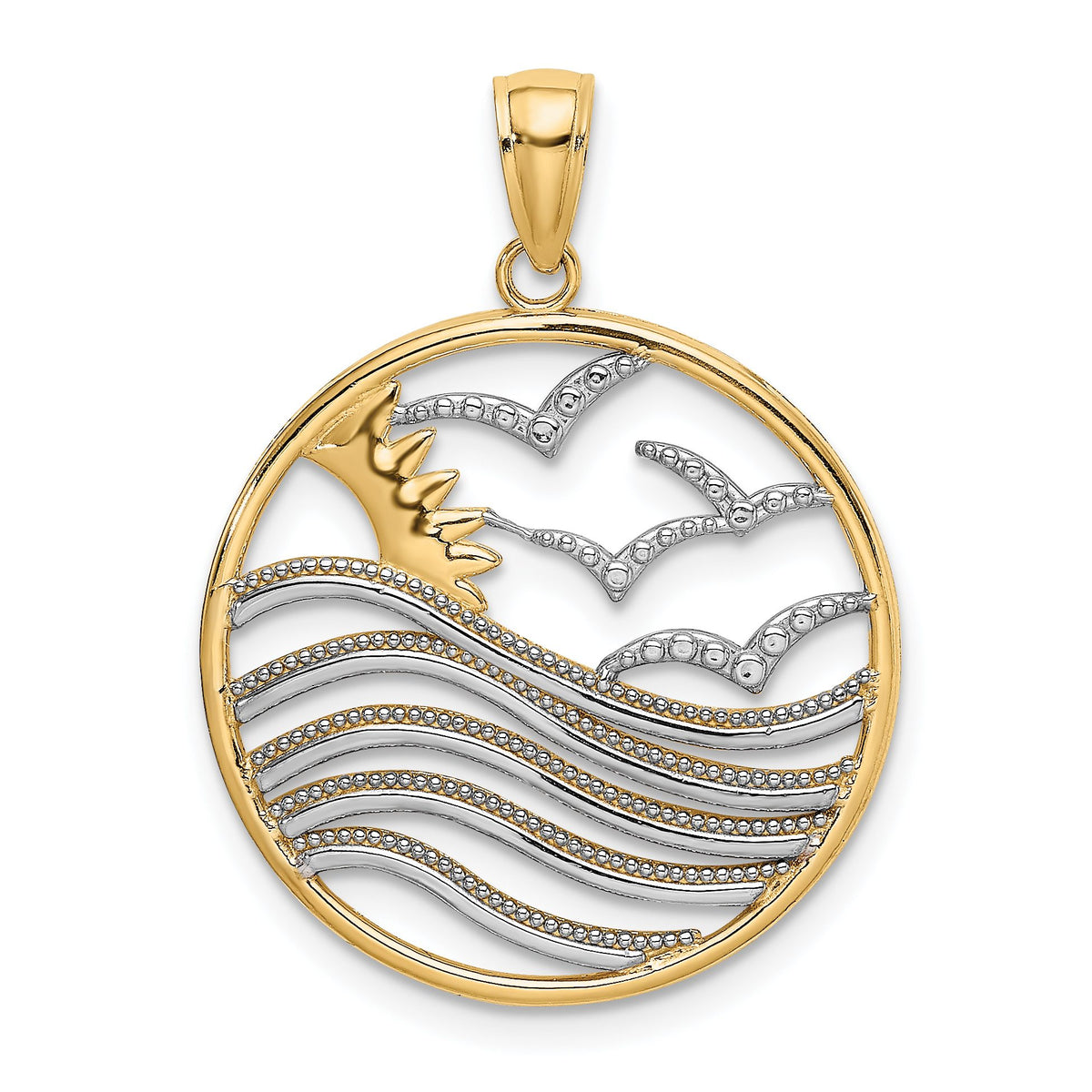 Sunset and Seagulls Circle Pendant in 14K Two-Tone Gold, 23mm - Sophia Jewelers Main image