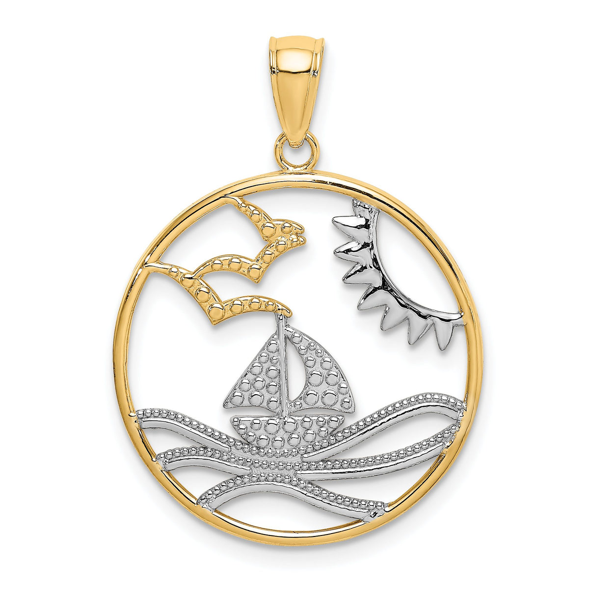 Sun, Sailboat & Seagulls Circle Charm in 14K Two-Tone Gold, 23mm - Sophia Jewelers Main image