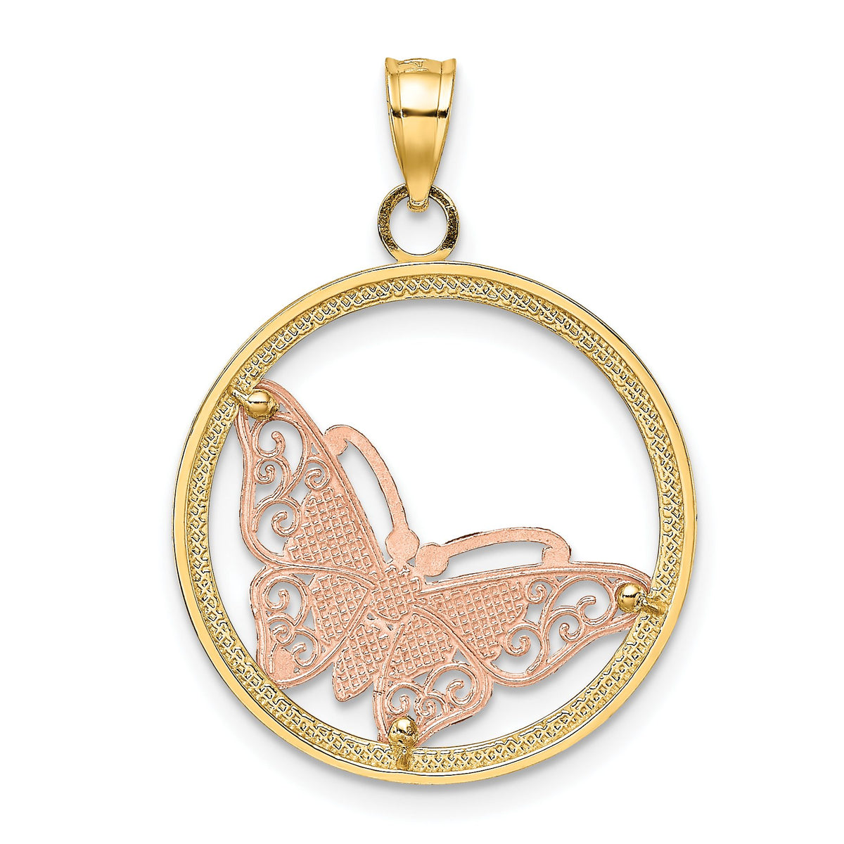 Butterfly in Round Frame Charm in 14K Two-Tone Gold, 25mm - Sophia Jewelers