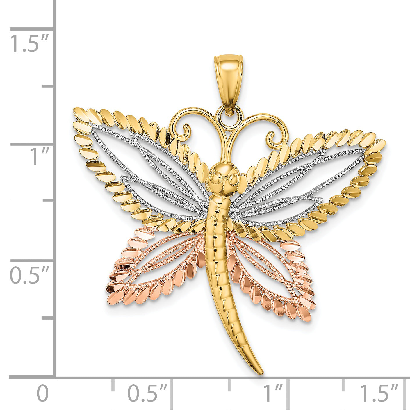 14k Two-tone with White Rhodium Dragonfly w/Beaded Diamond Cut Wings Charm Secondary image