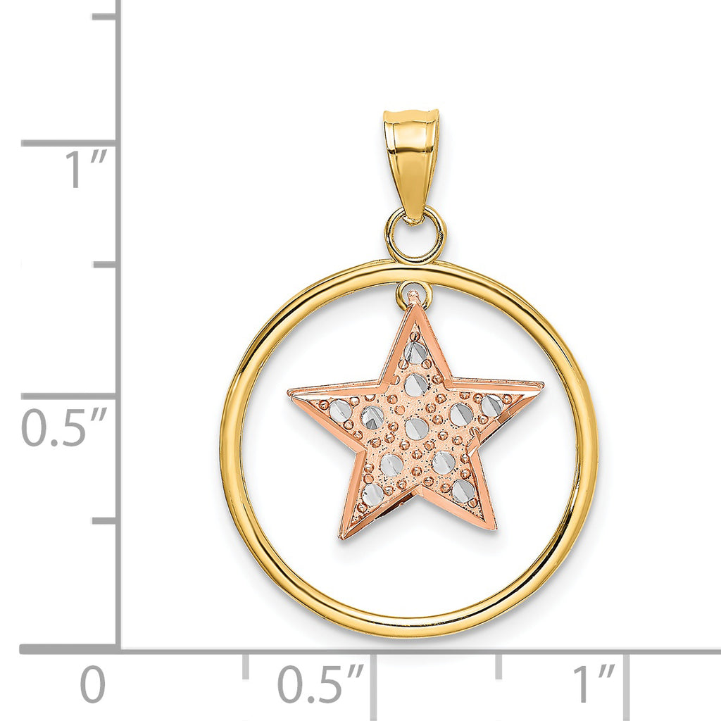 Star Dangle Circle Charm in 14K Two-Tone Gold, 24mm Textured Moveable - Sophia Jewelers