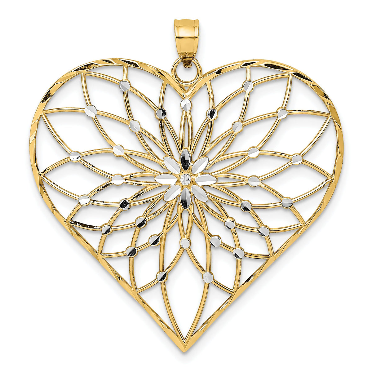 Filigree Heart Pendant in 14K Two-Tone Gold, 40mm Diamond-Cut - Sophia Jewelers Main image