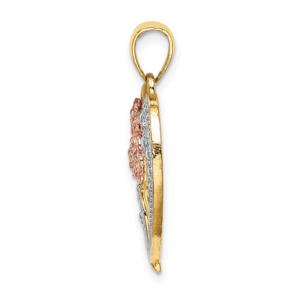 Flower Heart Charm in 14K Two-Tone Gold, 26mm Textured - Sophia Jewelers