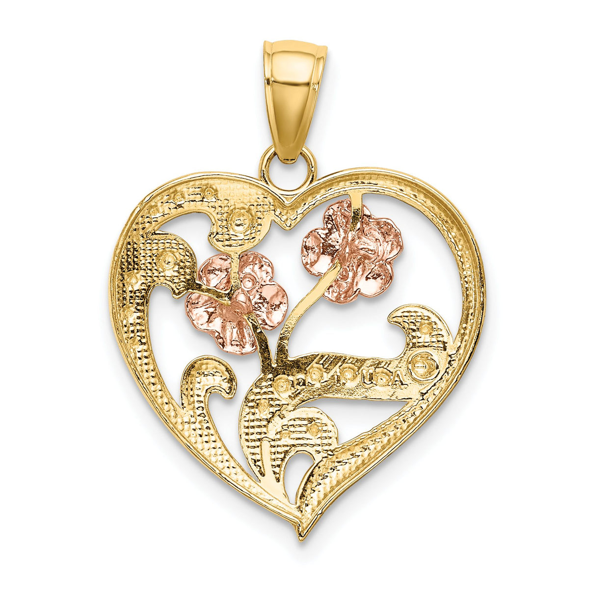 Flower Heart Charm in 14K Two-Tone Gold, 26mm Textured - Sophia Jewelers