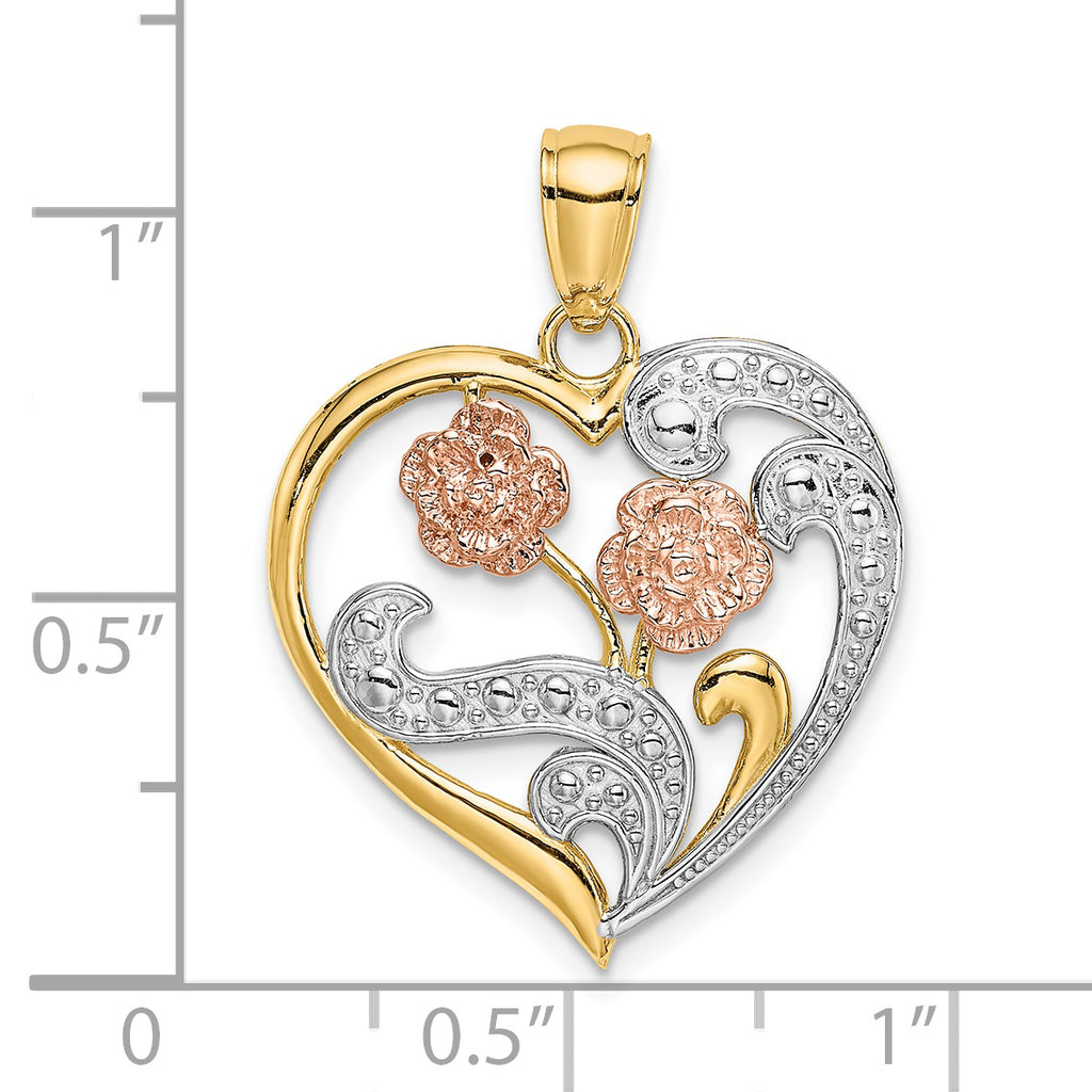 Flower Heart Charm in 14K Two-Tone Gold, 26mm Textured - Sophia Jewelers