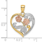 Flower Heart Charm in 14K Two-Tone Gold, 26mm Textured - Sophia Jewelers