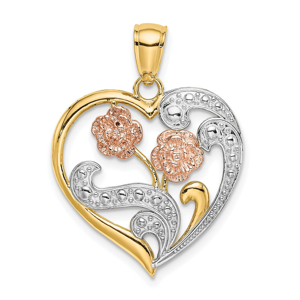 Flower Heart Charm in 14K Two-Tone Gold, 26mm Textured - Sophia Jewelers
