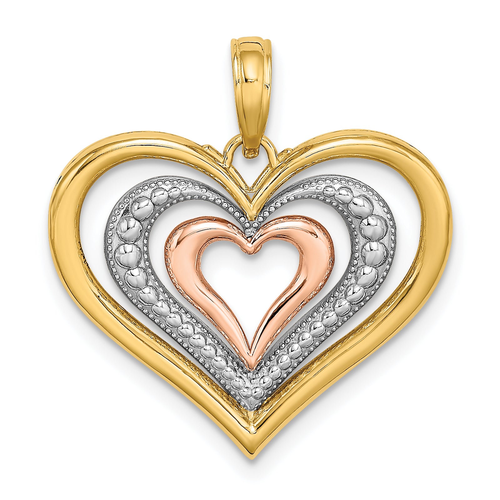 14k Two-tone with White Rhodium Textured and Polished Triple Hearts Charm Main image