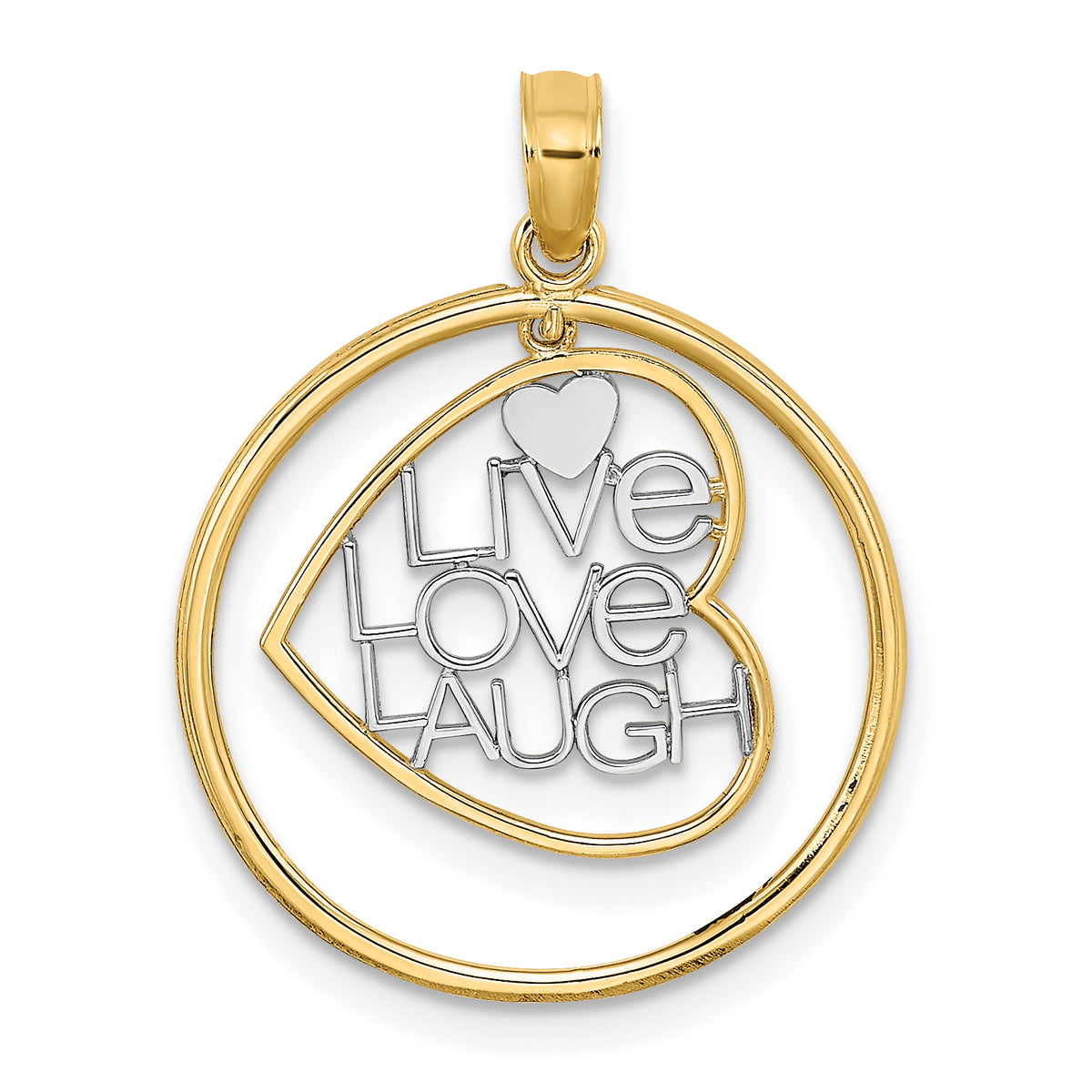 14k and White Rhodium LIVE LOVE LAUGH Heart Dangling In Circle Charm Main image