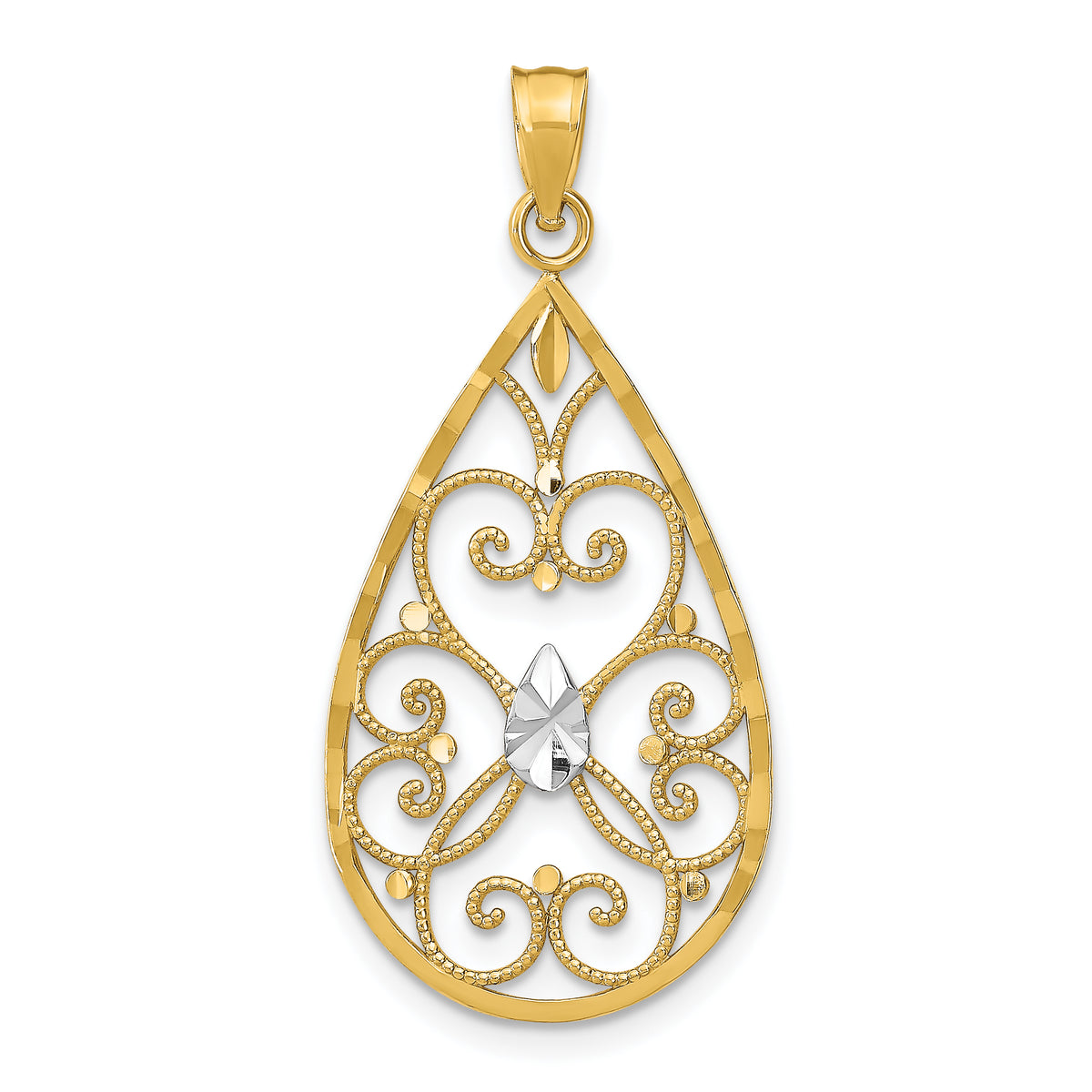 14k and White Rhodium Heart Beaded Filigree Diamond-cut Teardrop Charm Main image