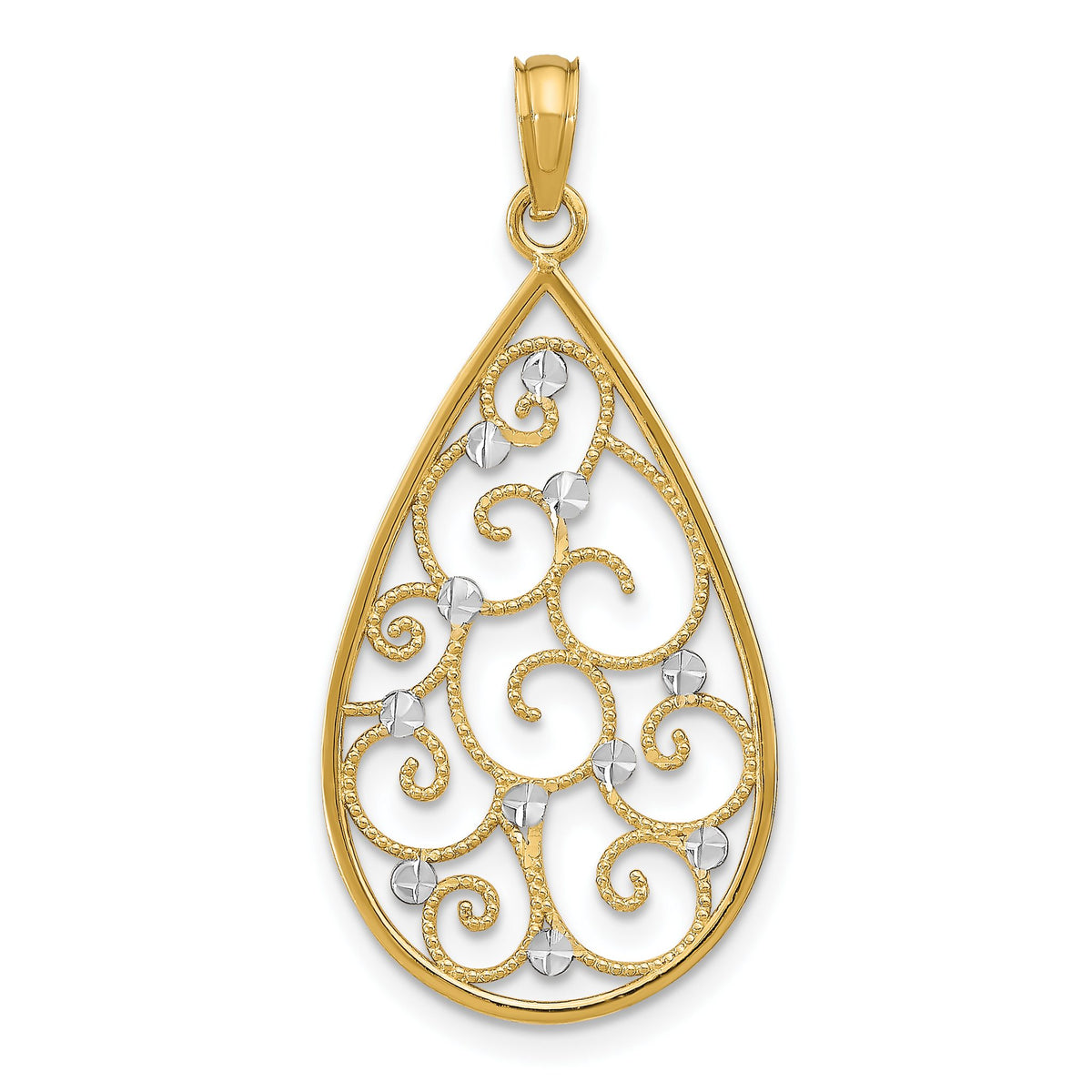 Beaded Filigree Teardrop Charm in 14K Yellow Gold, 30mm Diamond-Cut - Sophia Jewelers