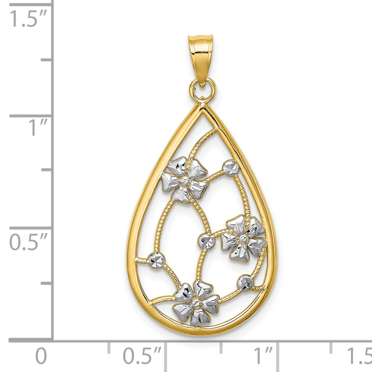 Flower Teardrop Frame Charm in 14K Two-Tone Gold, 31mm Textured - Sophia Jewelers
