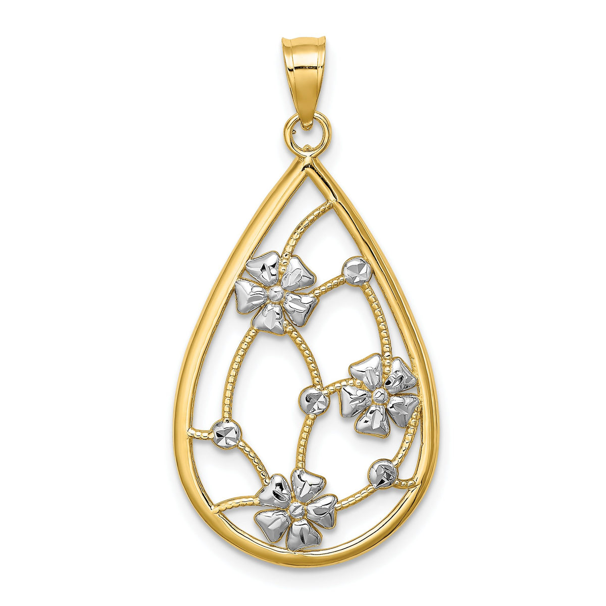 Flower Teardrop Frame Charm in 14K Two-Tone Gold, 31mm Textured - Sophia Jewelers