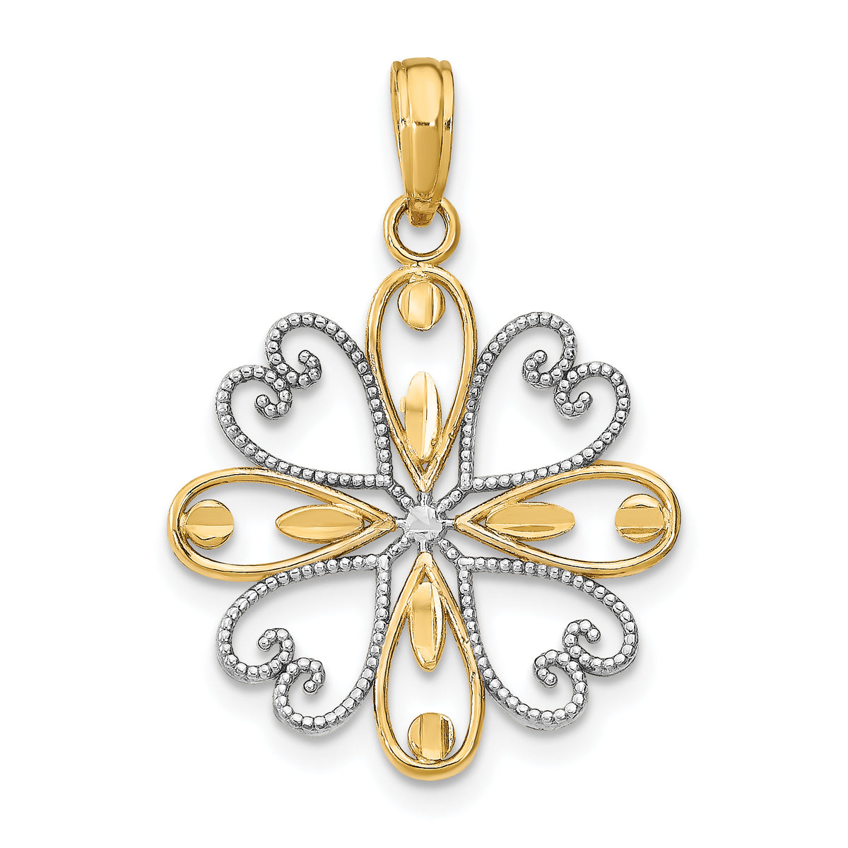 14K and White Rhodium Beaded Heart Petals Flower Charm Main image