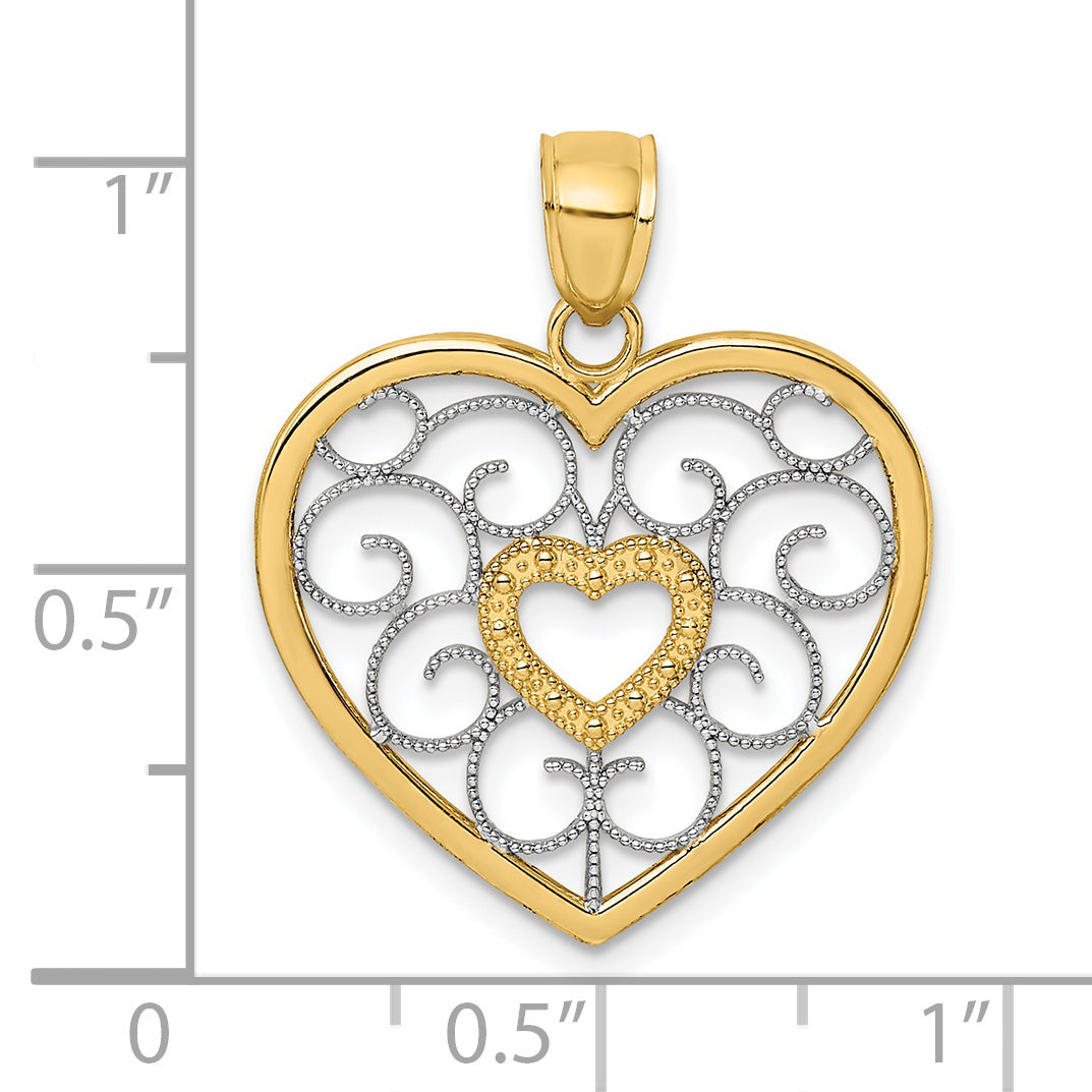Filigree Heart Charm in 14K Two-Tone Gold, 24mm - Sophia Jewelers