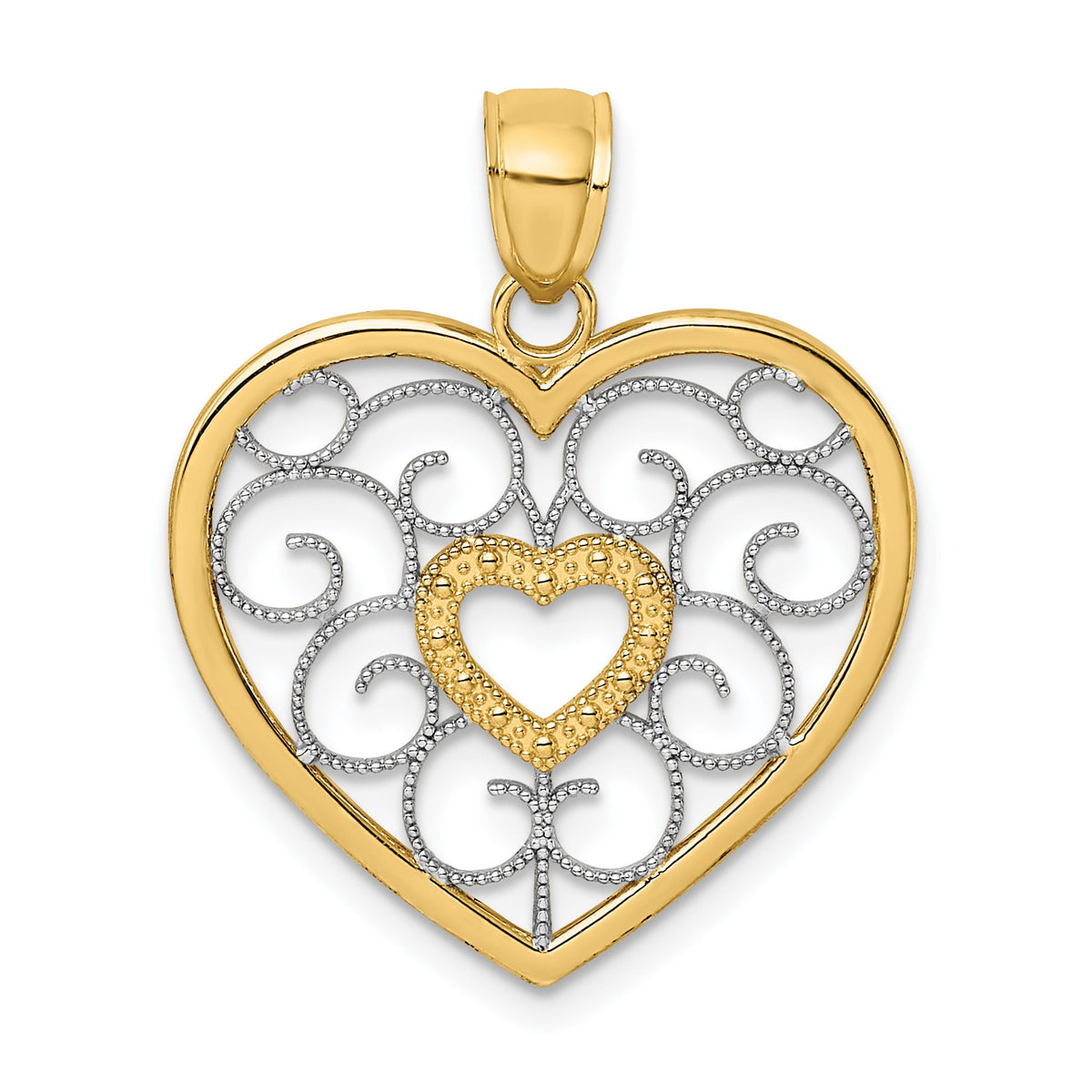 Filigree Heart Charm in 14K Two-Tone Gold, 24mm - Sophia Jewelers