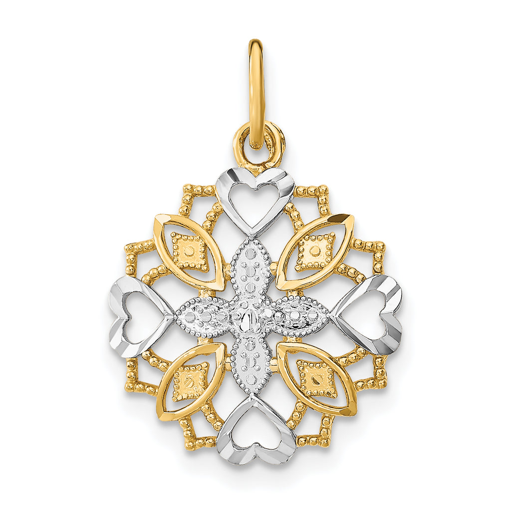 Flower & Heart Charm in 14K Yellow Gold, 24mm - Sophia Jewelers